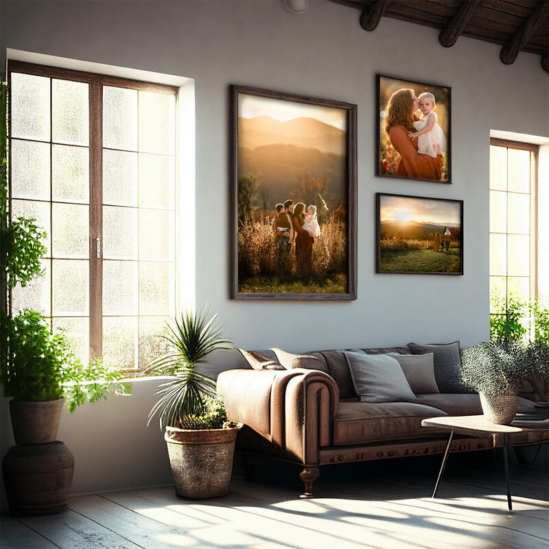 A beautiful sun filled living room with three portraits on the wall of the family taken by an Asheville NC Family photographer