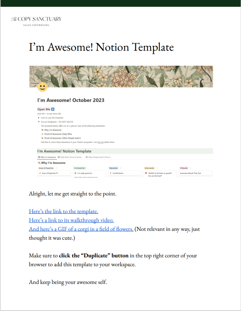 A screenshot of what the customers will receive upon purchasing the "I'm Awesome!" Notion template.