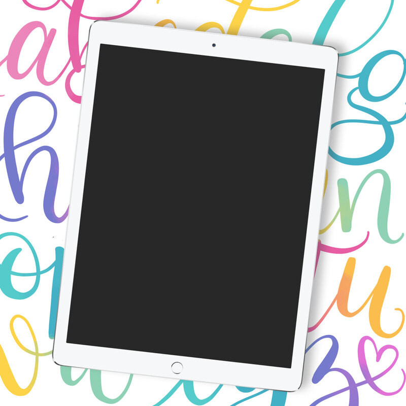 White iPad mockup on rainbow lettering background with image of woman  smiling with iPad