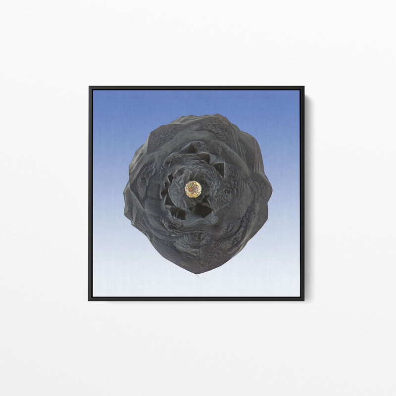 Fine Art Canvas with a black frame featuring Project Stardust micrometeorite NMM 244 collected and photographed by Jon Larsen and Jan Braly Kihle