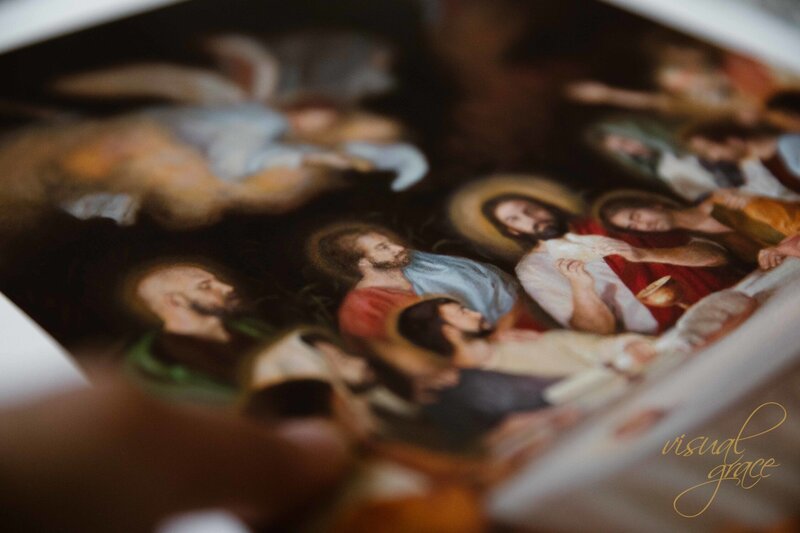 Detailed image of the apostles gathering around the table for the Last Supper with Jesus. Contemporary Catholic art for your Catholic home.