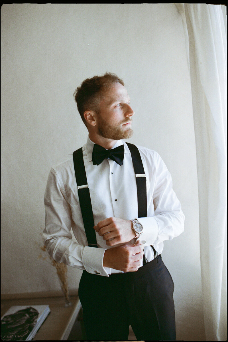 London bride in vintage lace captured in timeless editorial 35mm film wedding photography