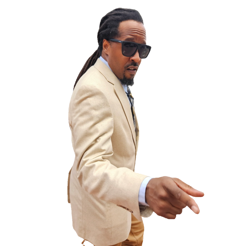 Ijah suit sunglasses pointing down