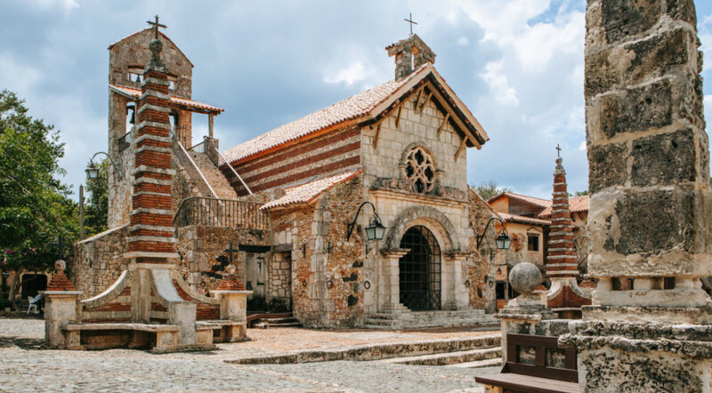 Stone Mediterranean-style church and plaza in Altos de Chavón, Dominican Republic