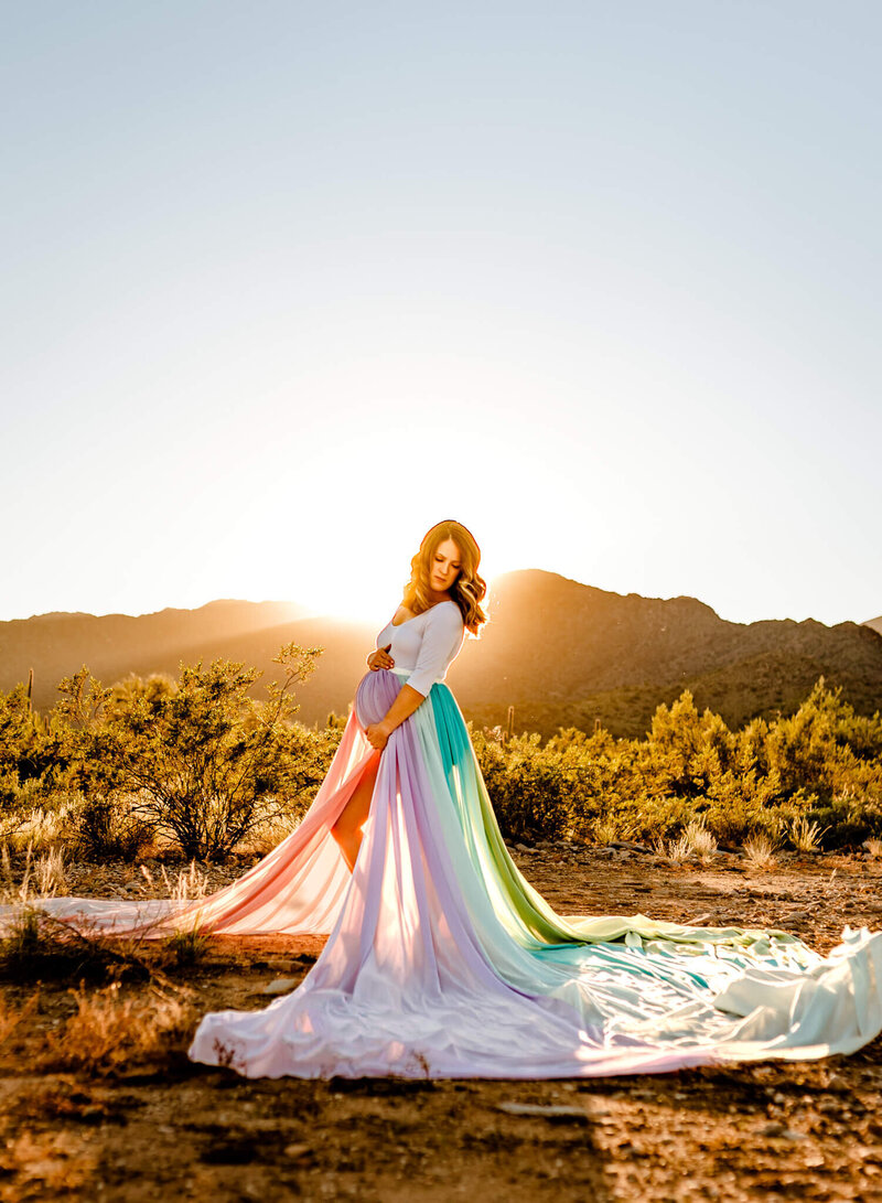rainbow baby skirt worn by mom to be for her desert maternity session in Phoenix by photographer Amber