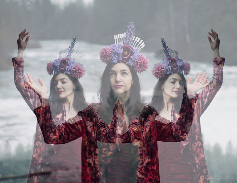 Collage art of pet psychic, three images of the Alchemy Queen layered, wearing flower crown.