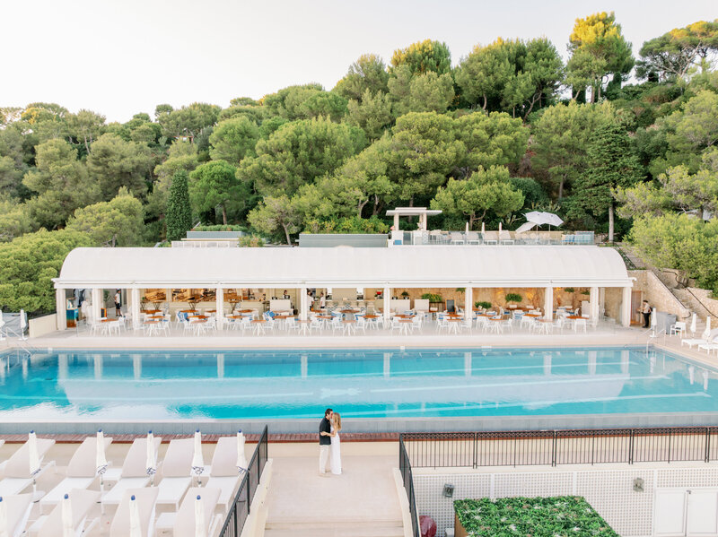 Aerial Drone view, the future bride and groom at the Club Dauphin - Saint-Jean-Cap-Ferrat, a four seasons hotel