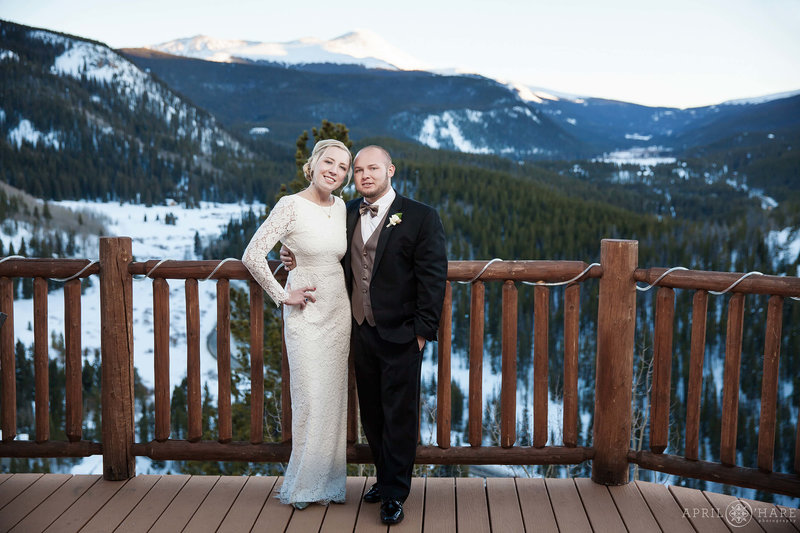 Beautiful snowy mountain backdrop for a winter wedding on the Skyview Deck at The Lodge at Breckenridge in Colorado