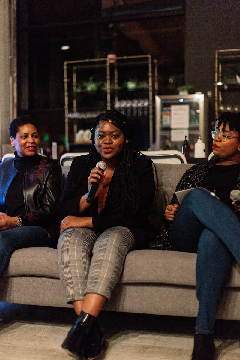 Images of Black Her Stories panel discussion featuring Black women leaders in the workplace