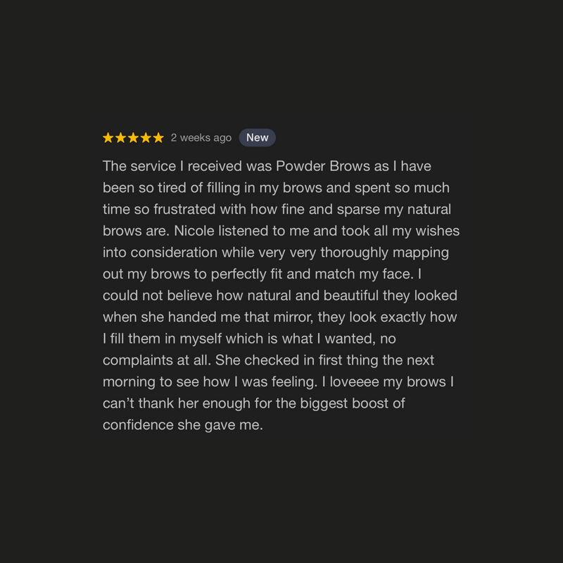 5-star powder brow feedback mentioning pain-free permanent makeup experience

