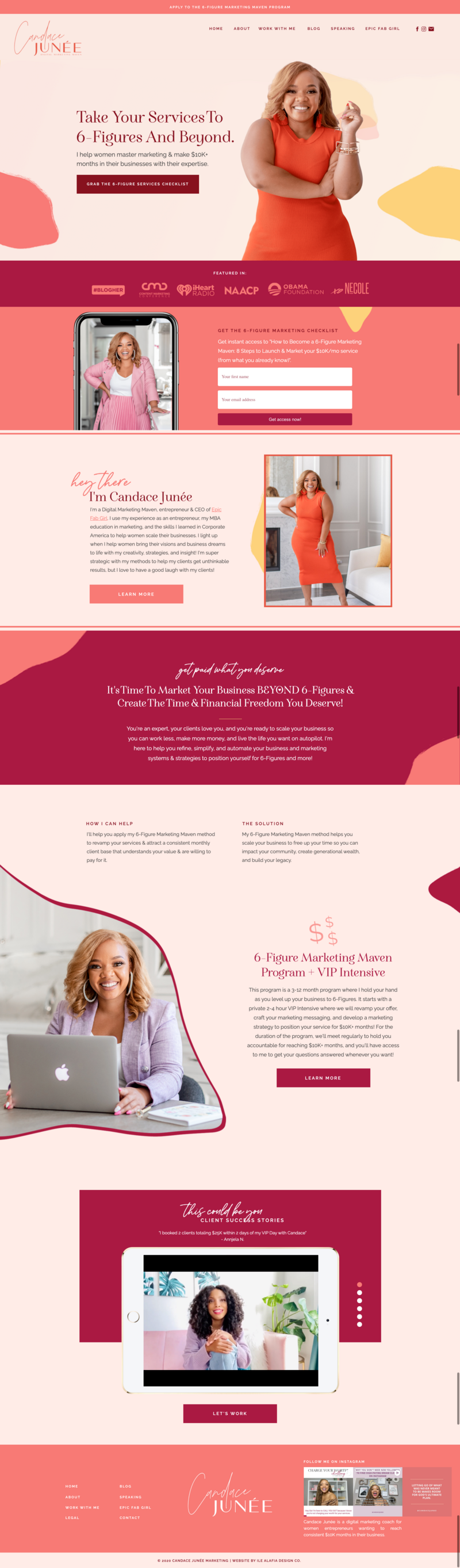 mockup of showit website design for a marketing business coach smiling in an orange dress