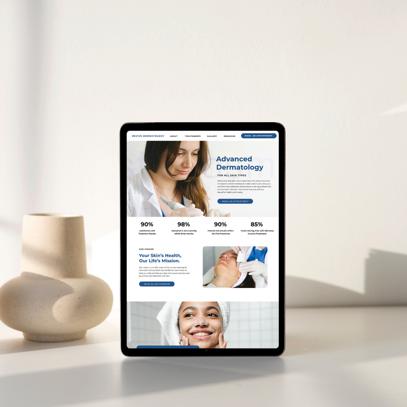 Tablet displaying a dermatology clinic's website featuring skincare services, patient success rates, and professional dermatology images, set on a minimalist desk with neutral decor.