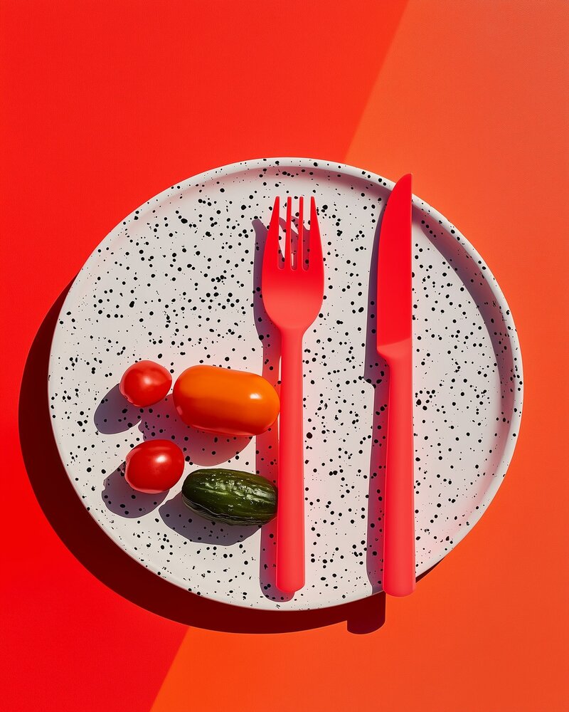 Minimalist Plate with Vegetables in a red background