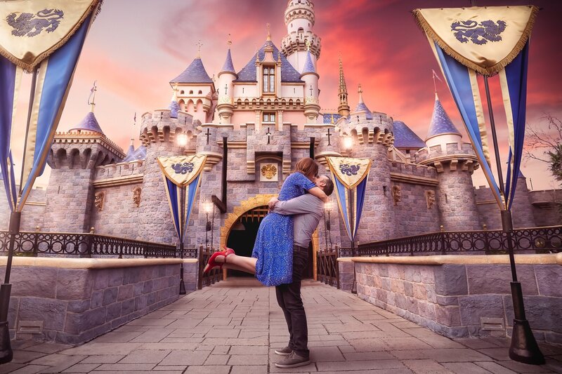 Couples photography session at Disneyland in front of its a small world