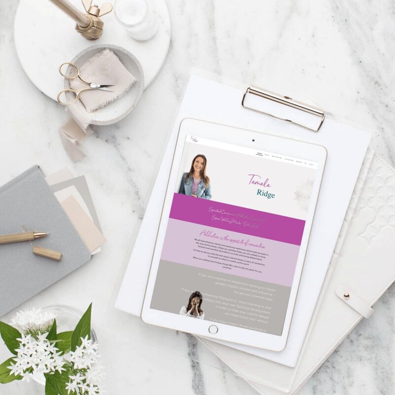 Device mockup showing Tamala Ridge’s website on apple iPad, custom website design by Rachelle Deem for spiritual business coach