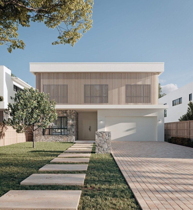 Claro Signature Range contemporary front facade with clean lines, natural stone detailing, and timber cladding.