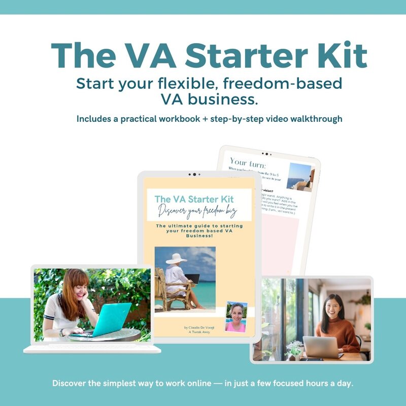 Discover how to start your freedom-based Virtual Assistant business.  Curious about becoming a Virtual Assistant — but not sure where to start?
Then grab your free VA Starter Kit and discover how to start a freedom-based online VA business using the skills you already have.  

Includes a practical workbook + a step-by-step video training.