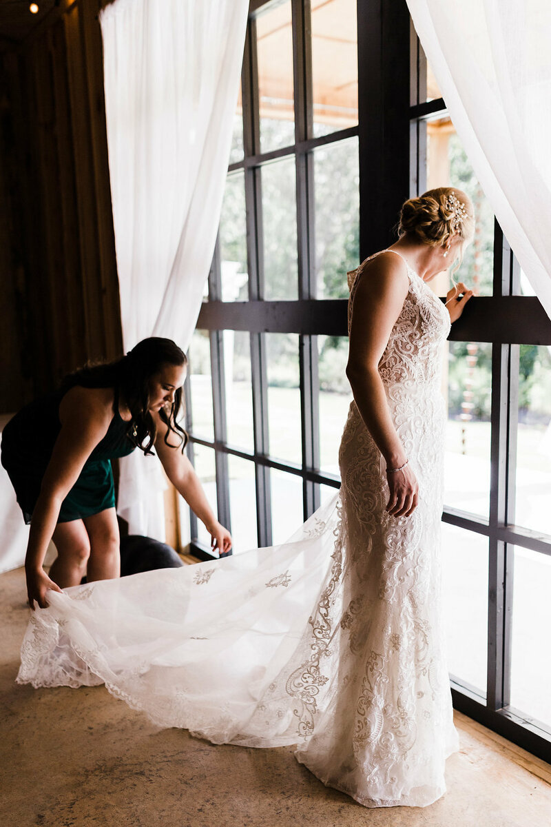 Bride in dress at modern farm venue in north ga