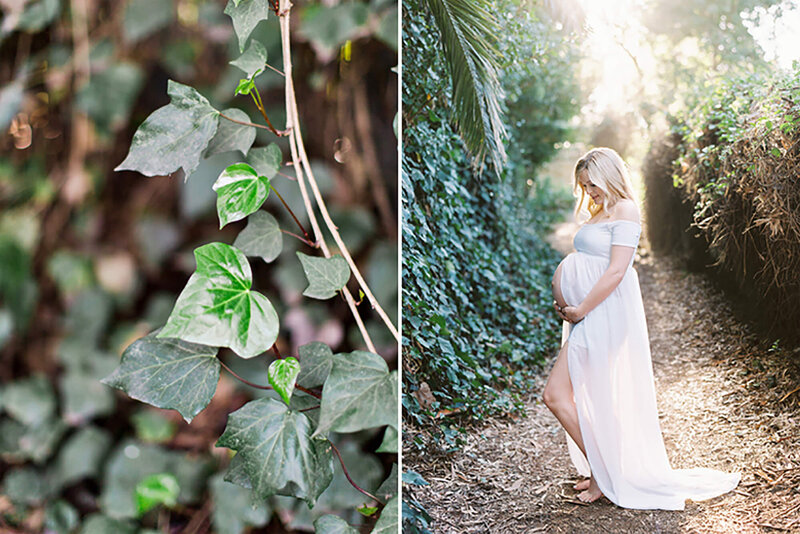 A mother to be in a white dress looking down at her belly on a pretty trail with green Ivy in Montecito