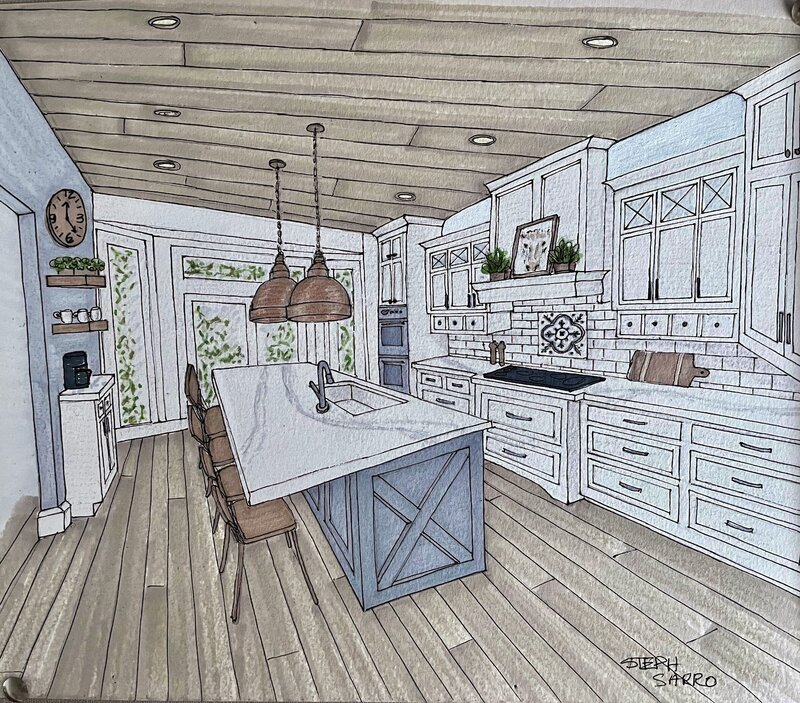 Architectural design sketch of Brookside Cottage kitchen renovation project, crafted by Hayden Idaho interior designer Sarro Design.