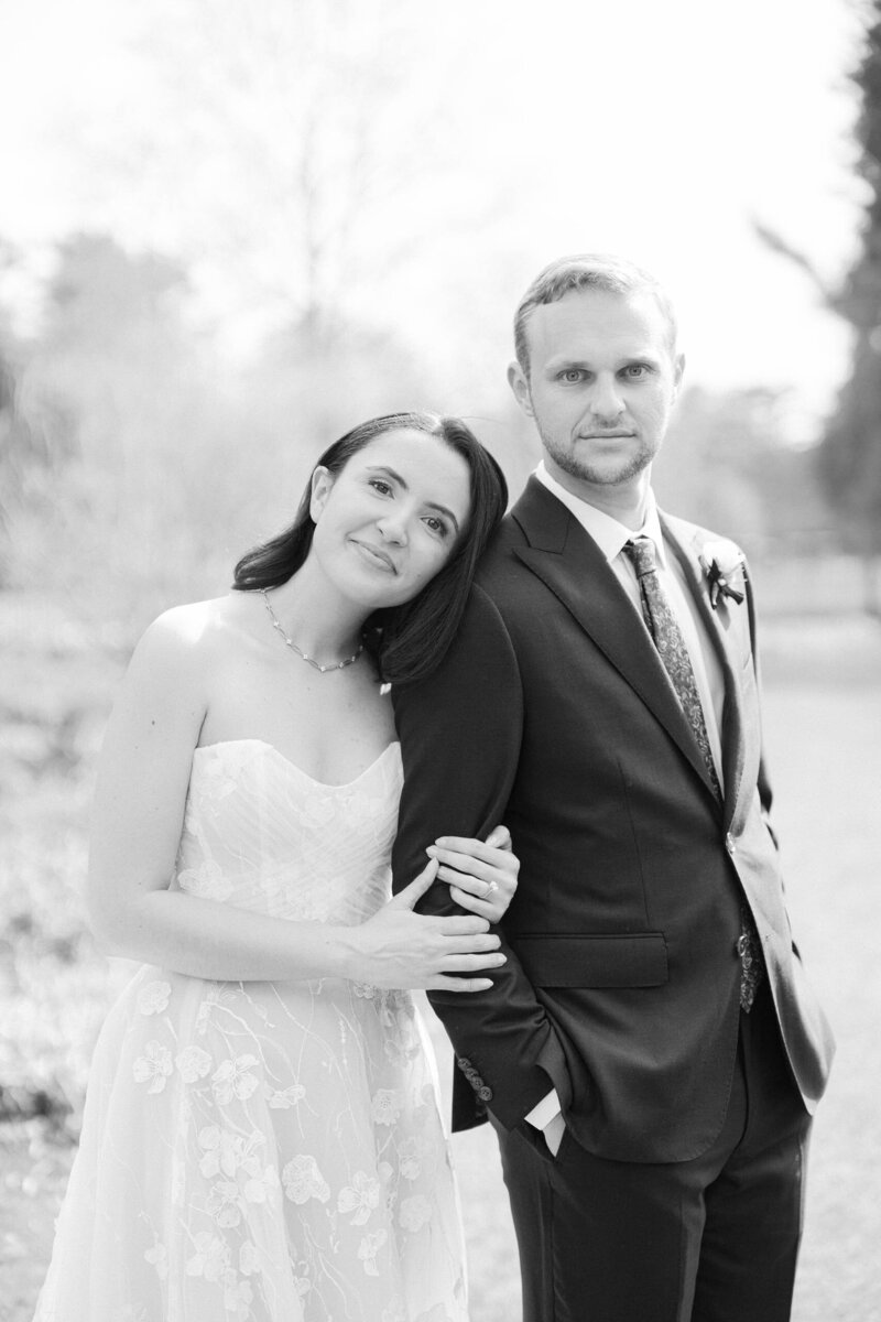 Black and white portrait of bride and groom.