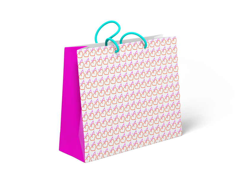 Rectangular shopping bag with hot pink side panel, neon blue handles and Lovey pattern design on front
