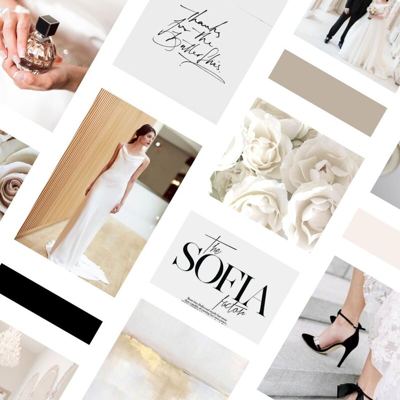 Mood board collage with bride for wedding photographer brand design