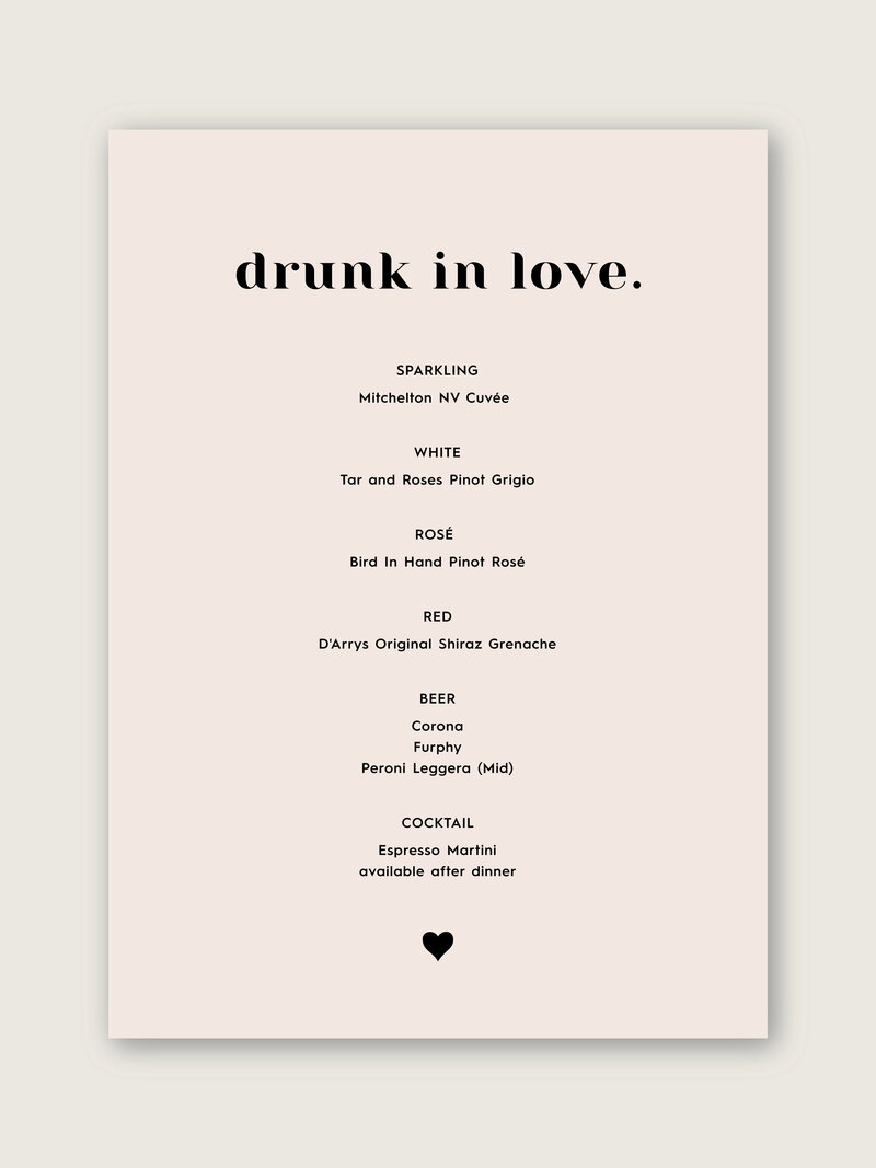 Luxury letterpress printed bar sign  or drinks list for weddings and events