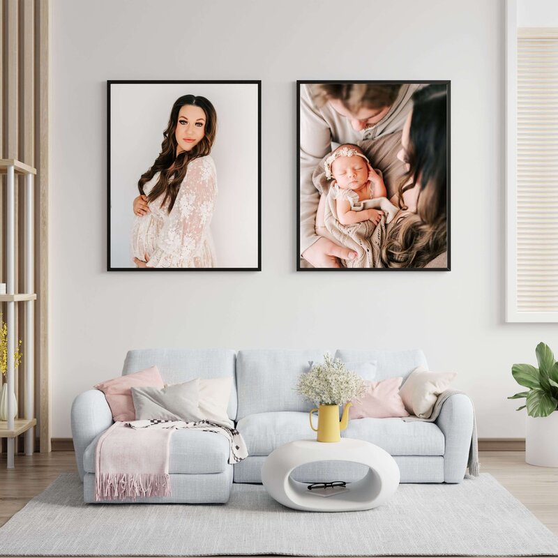 framed maternity and newborn photos in living room captured by Springfield MO family Photographer Jessica Kennedy of The XO Photography