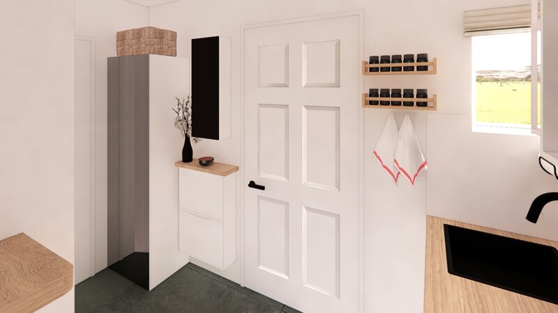 Aménagement du coin entrée avec meuble IKEA Besta et Trones pour créer du rangement fonctionnel, pour les petits budgets – projet Carole, par Sandrine Meurice Décoration.