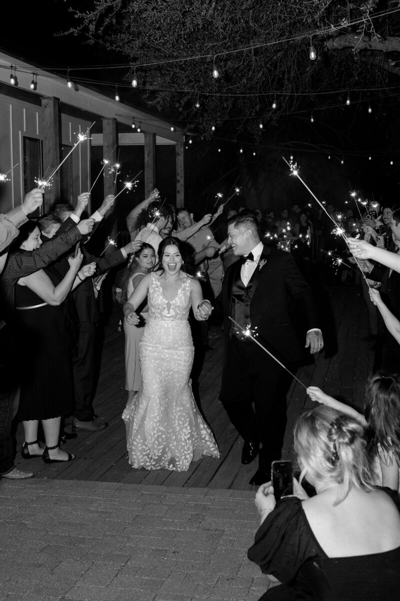 Bride and groom joyfully walk under a canopy of sparklers held by guests at night. The scene conveys celebration and happiness.