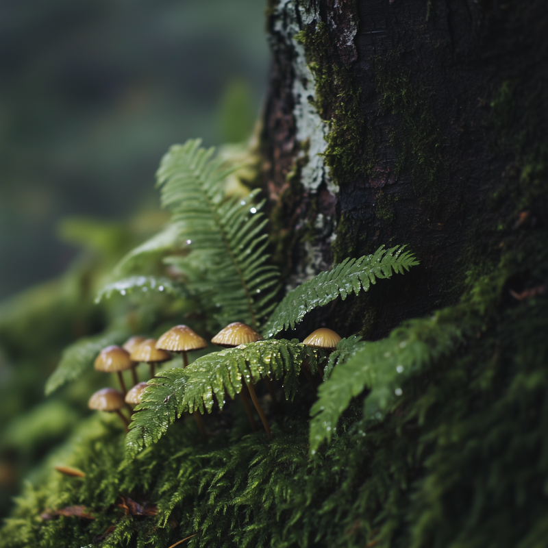 a tree in a forest with moss and mushrooms 