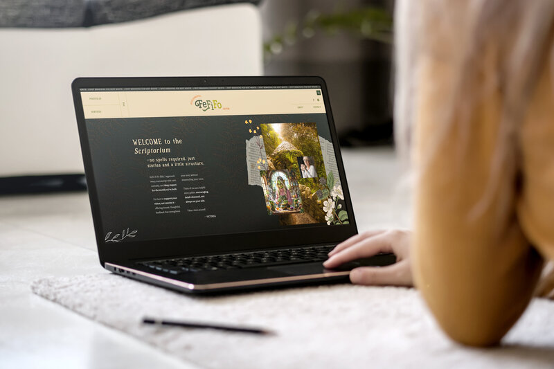 Girl scrolling on her laptop looking at  her new editing website