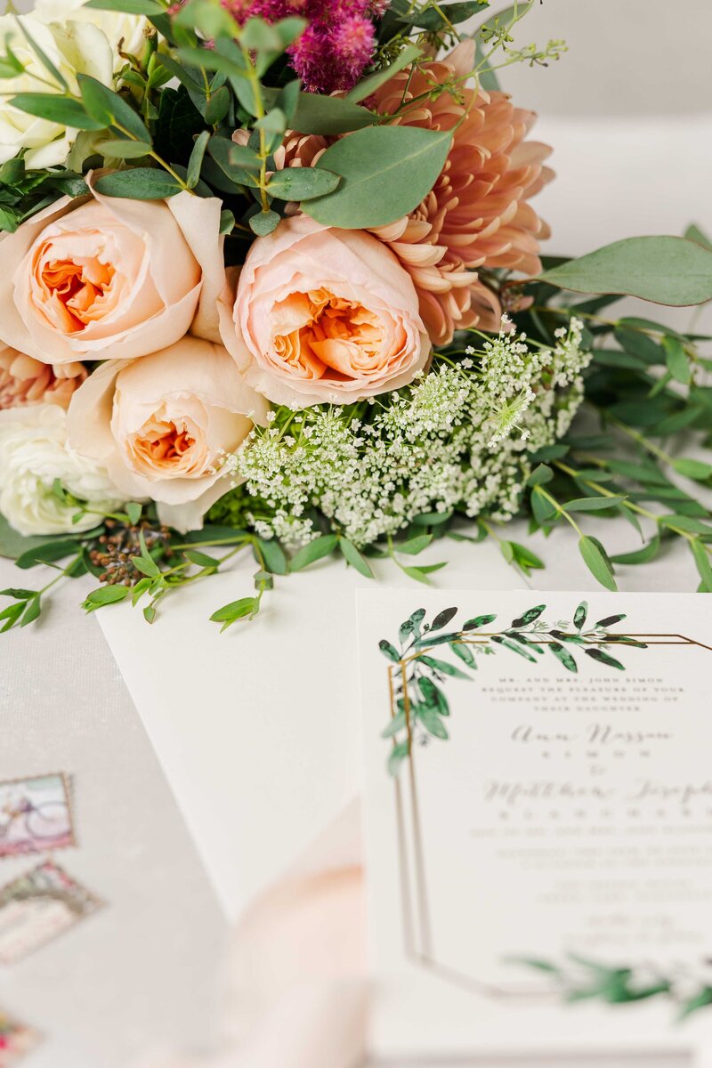 Styled Wedding Invitation Suite with Bridal Bouquet Waukesha photographer.