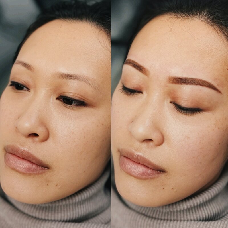 Before and after image of an Asian woman with permanent eyebrow tattoo—defined shape and subtle lift.
