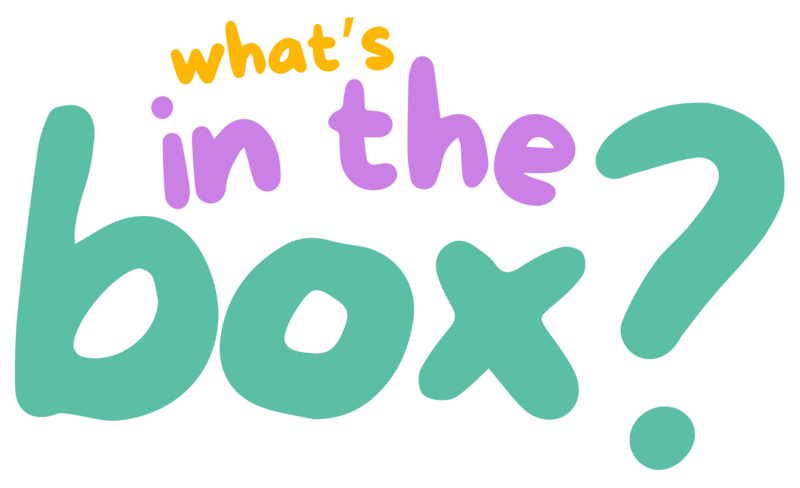 Gold, green and purple image showing the words "What's in the Box?"