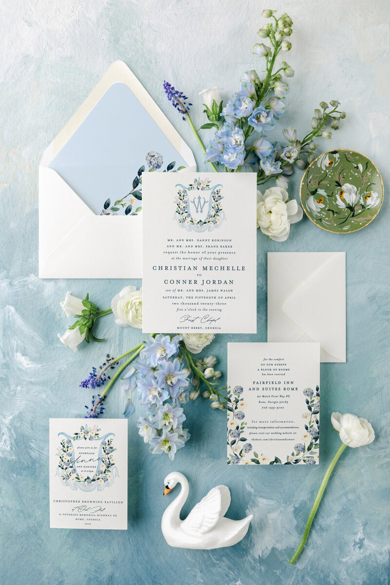 Dusty Blue Monogram Wedding Invitation with Flowers