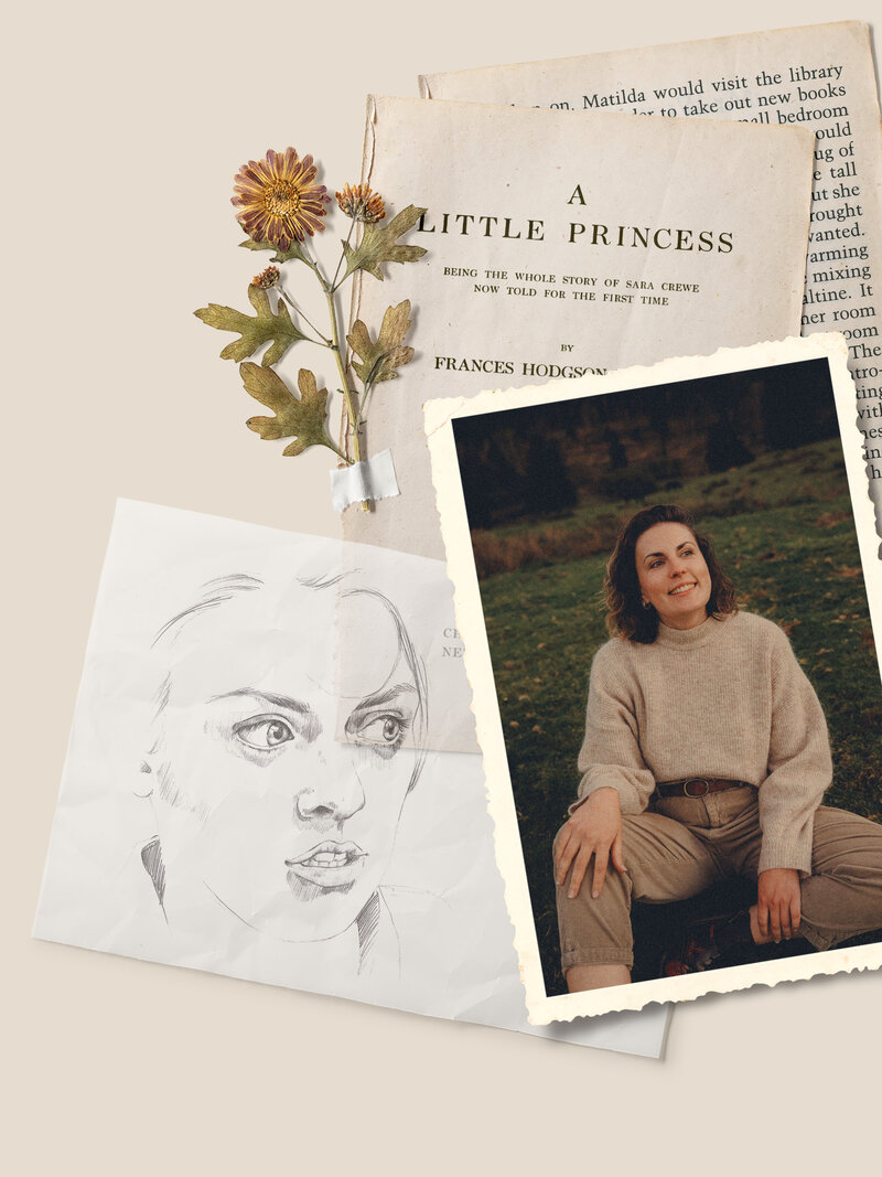 Display of different pictures, a drawing, a photo of me and a page of the Secret Garden