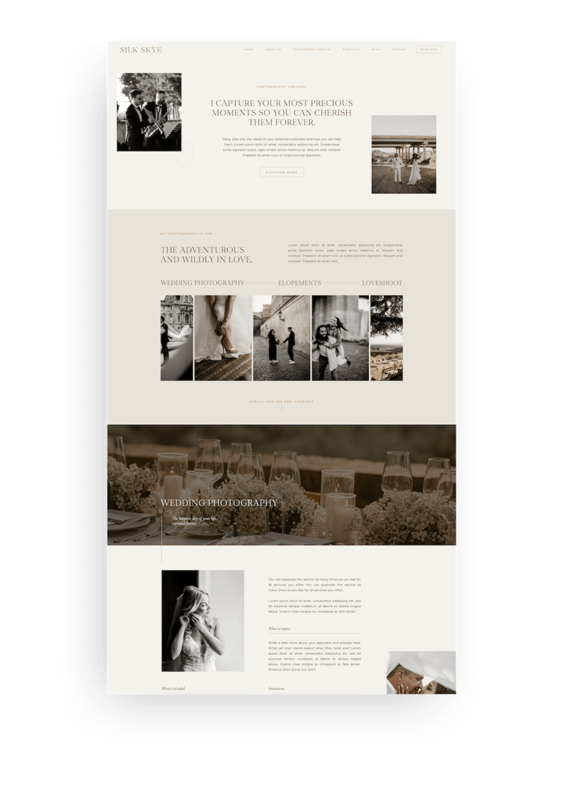 Aesthetic Showit template Silk Skye services page