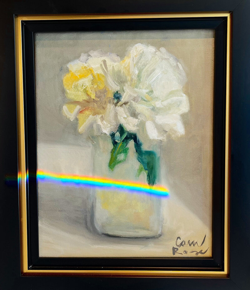 Still life oil painting of flowers in a vase with rainbow of light across