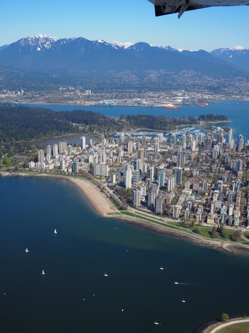Aerial view of downtown Vancouver and English Bay