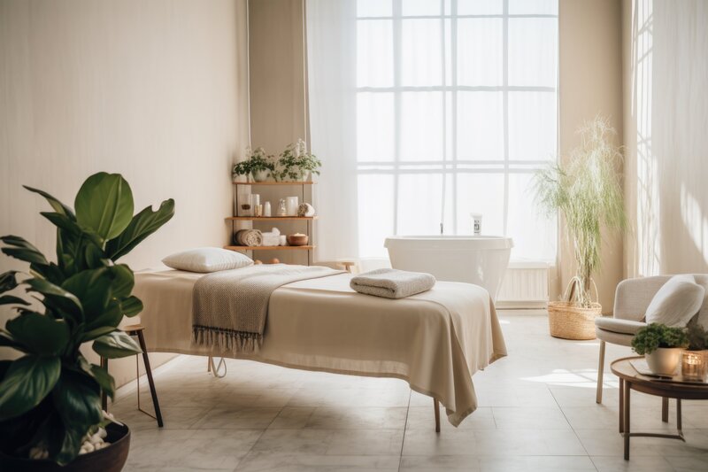 Serene massage room with natural light, treatment table, soaking tub, and wellness decor at LivingTree Clinical Massage and Skin in Greenville, SC