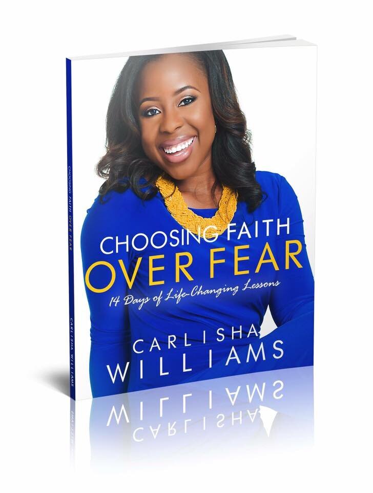 book showing a woman in a blue dress saying 'choose faith over fear'