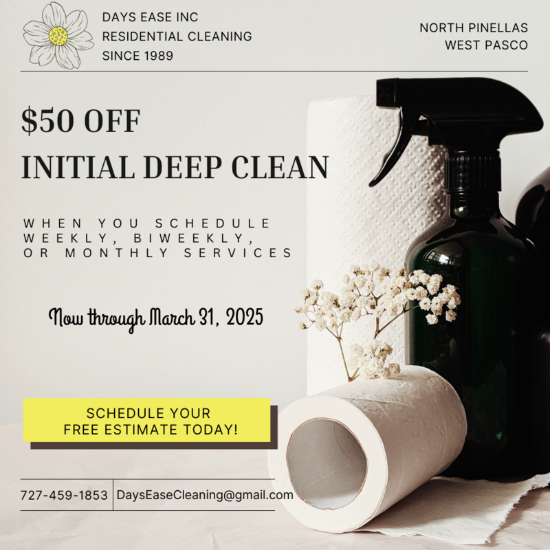 $50 initial deep clean when you schedule weekly, biweekly, or monthly house cleaning services, through march 31, 2025