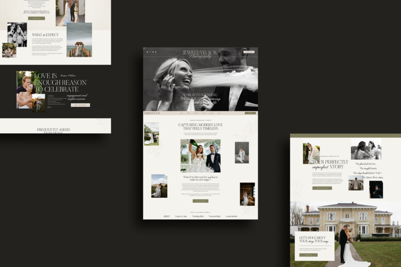 Three wedding photography website homepage mockups are displayed on a dark background, each featuring couples, sample photos, and sections for information and testimonials—perfect inspiration for Showit website design or branding and website design projects.