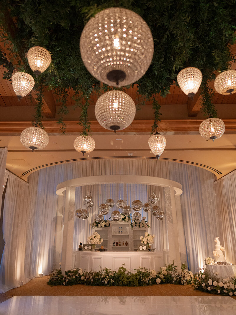 Beautiful Disco Ball and Pendant Lighting Produced at Pelican Hill for Always Allegra Wedding