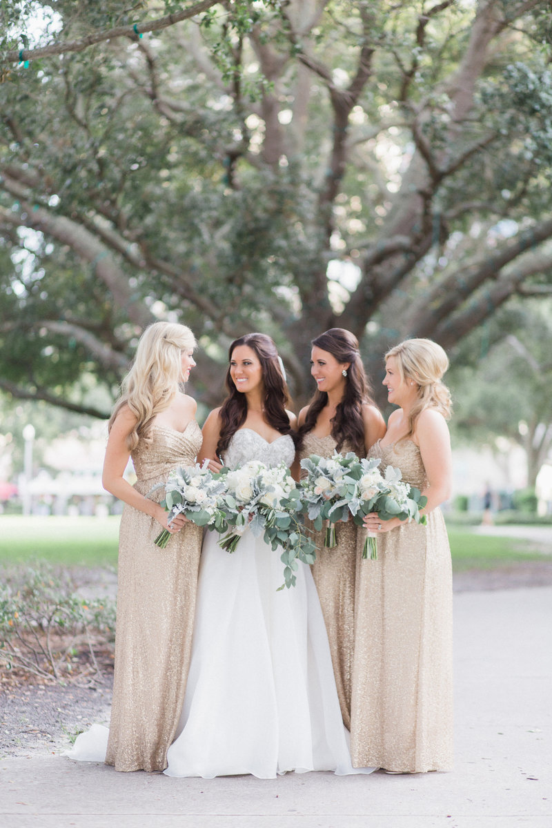 Gold Sequin Bridesmaid Dresses Greenery white bouquets St Pete Wedding