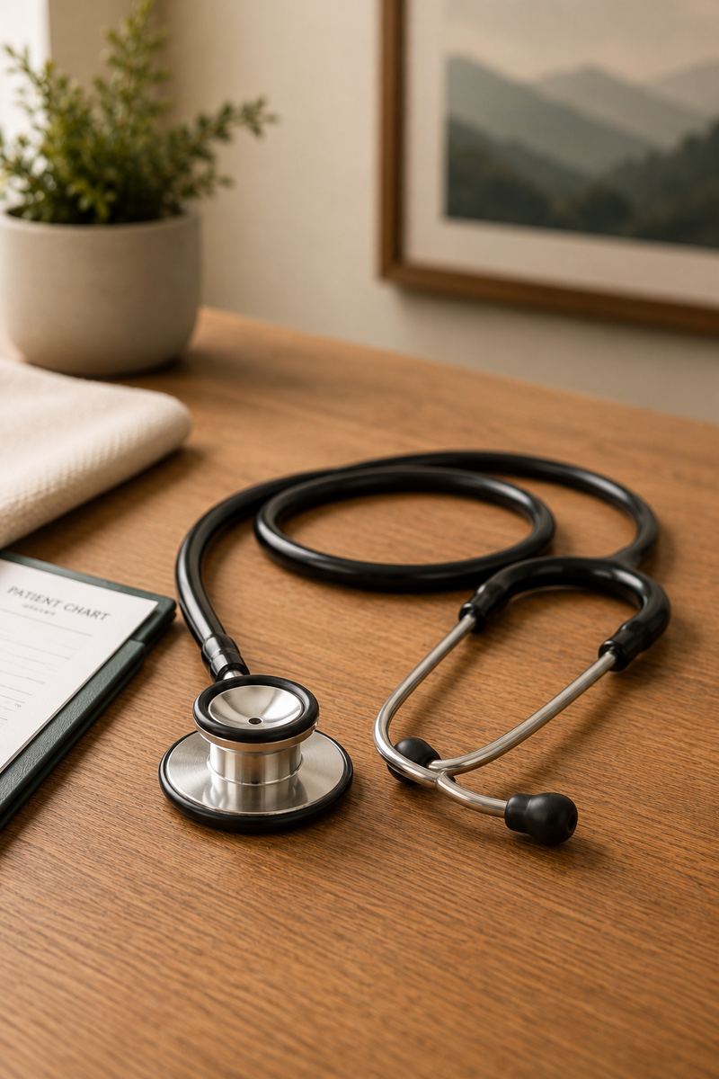 Stethoscope and clipboard in a calm clinic setting