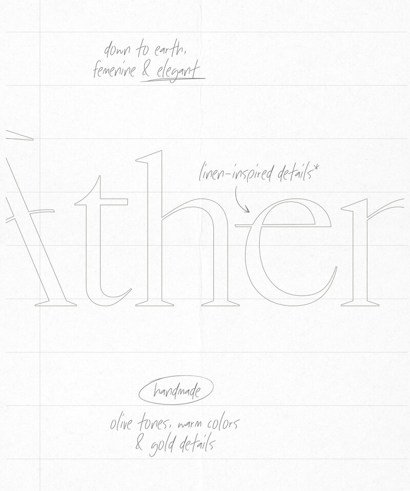 Sketch of the “Athena” logotype with handwritten brand notes describing its essence—down to earth, feminine and elegant—highlighting linen-inspired details, handmade quality, and a palette of olive, warm tones, and gold accents.