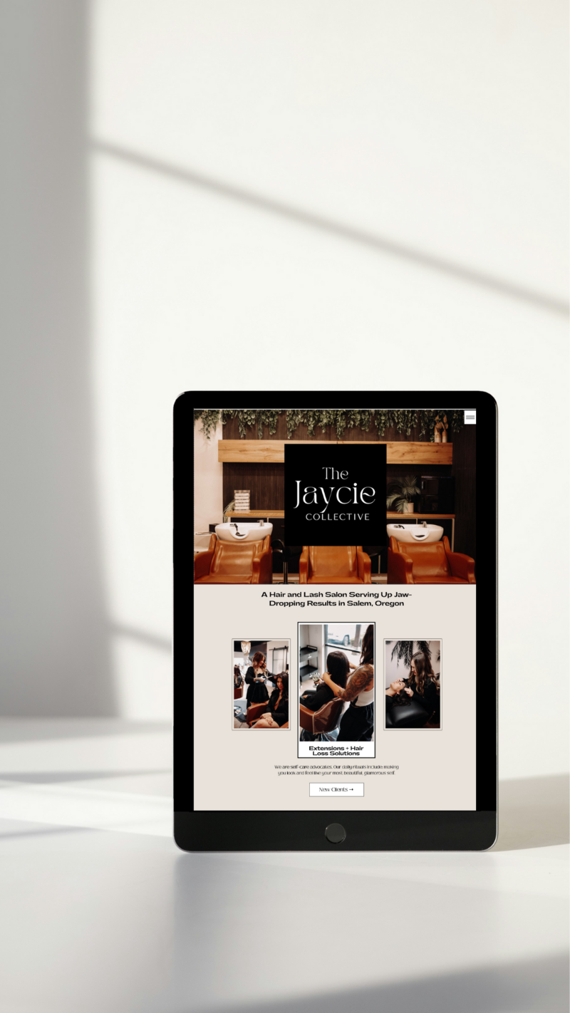 a tablet mockup of website for The Jaycie Collective Salon, copy, branding and web design by Ruby Works Co to effectively market the salon in a crowded market